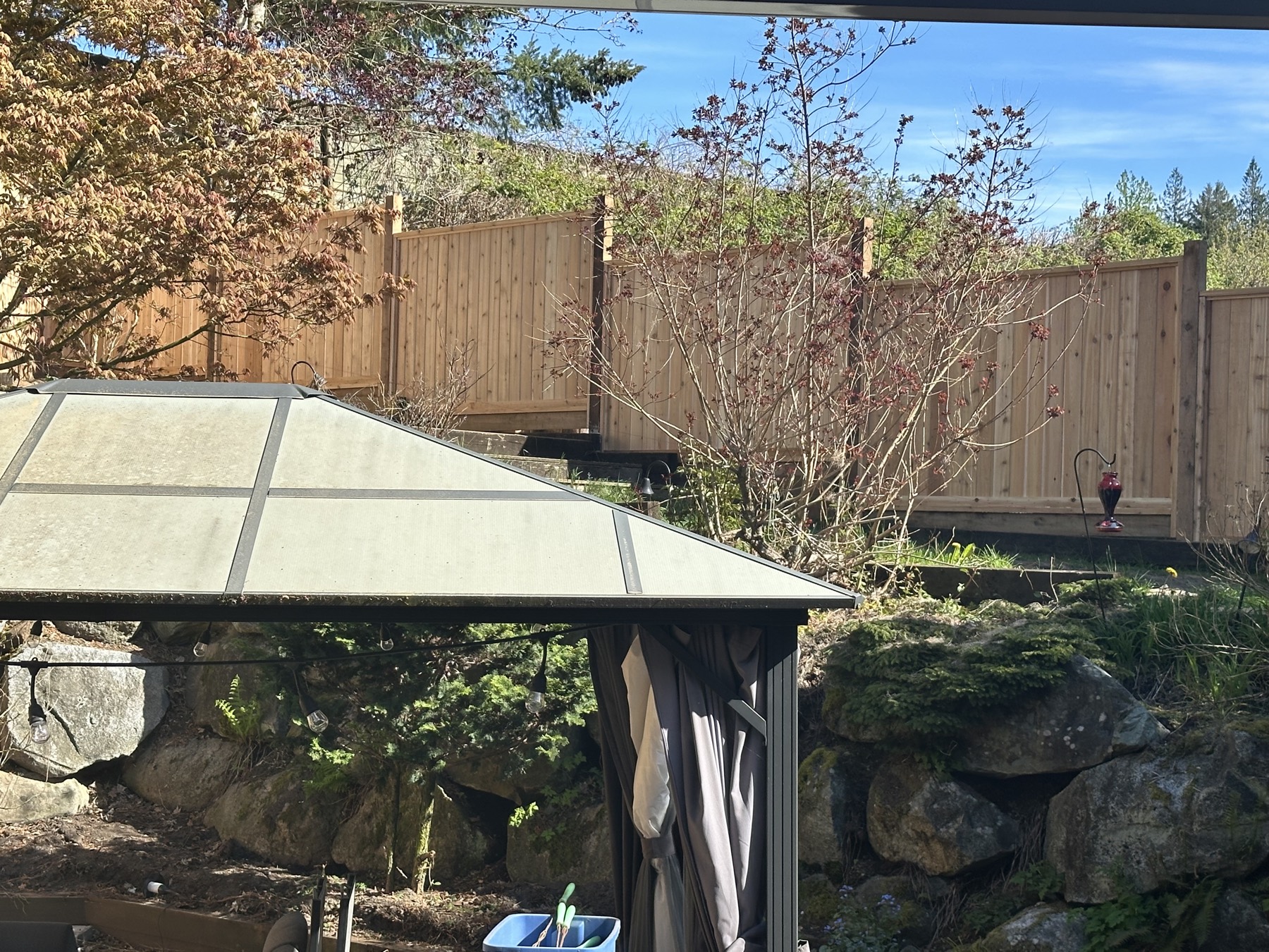 A cedar fence and covered patio