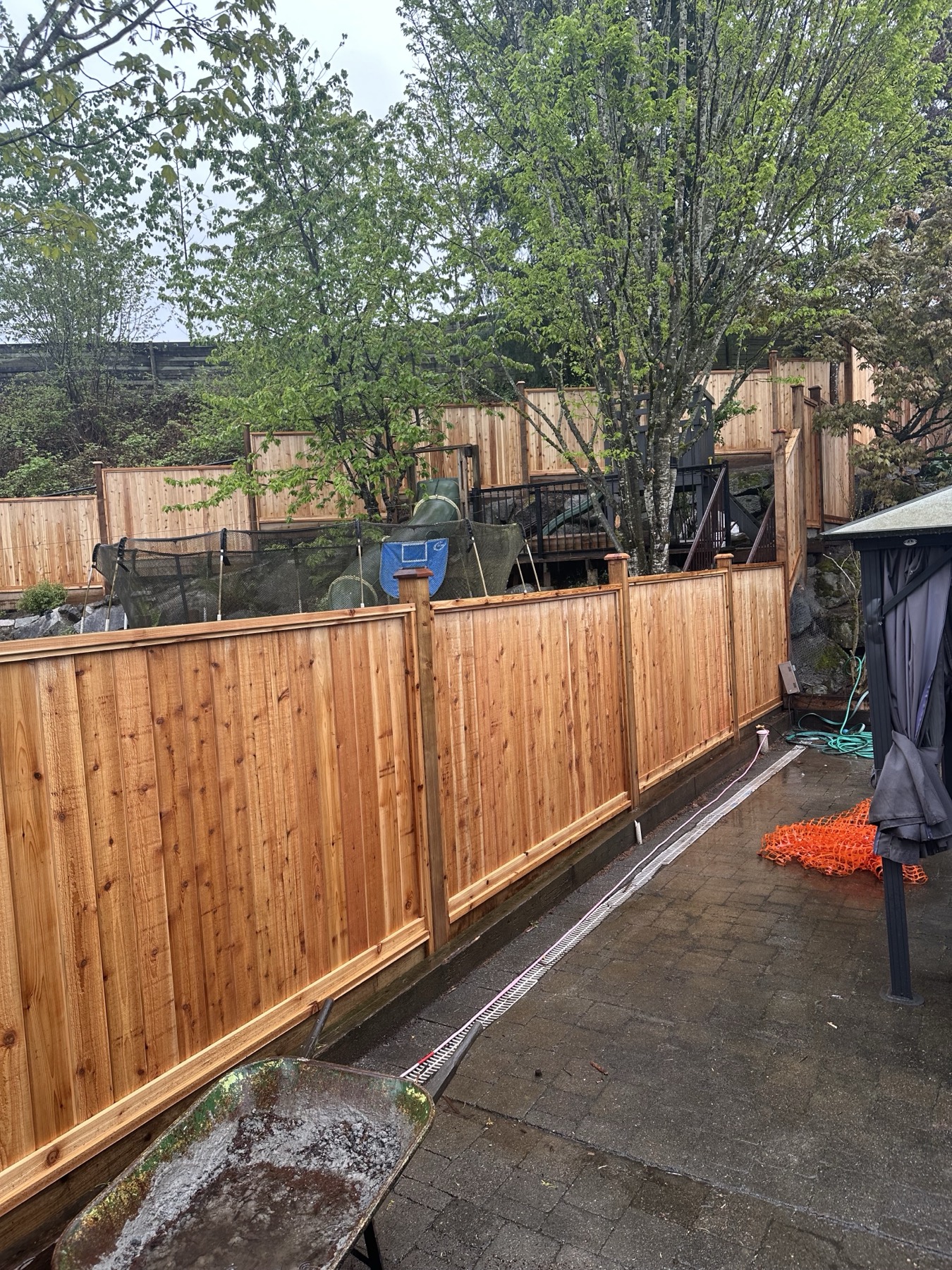 A cedar fence run beside a walkway
